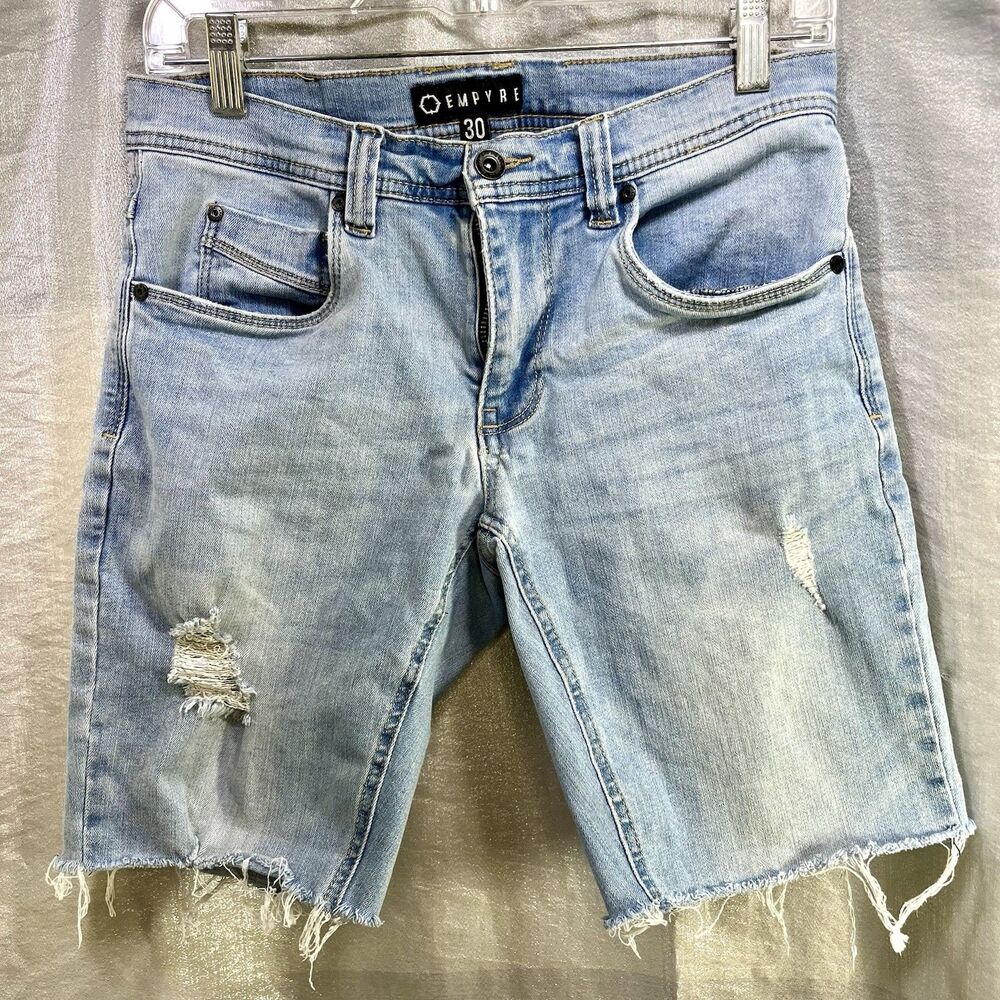 EMPYRE ZUMIEZ Skeletor Cutoff  Raw Edge Distressed Blue Jean Shorts Men's 30